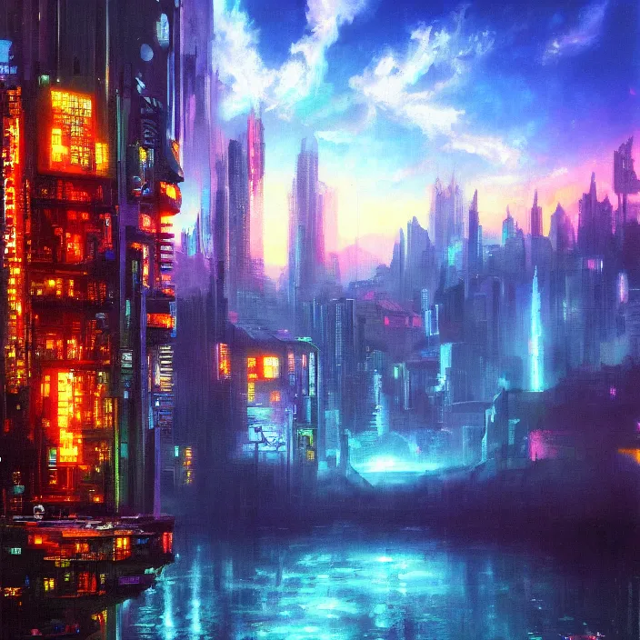 Image similar to a cyberpunk paradise, by bob ross, oil on canvas, 8 k