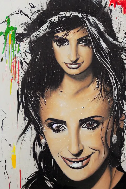 Image similar to graffiti, splash painting, portrait of penelope cruz, artwork by bansky