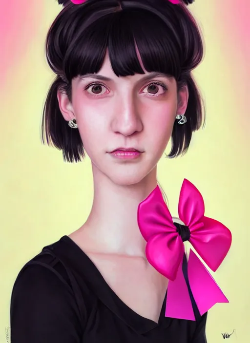 Image similar to portrait of high school girl, realistic, black hair, bangs, half updo hairstyle, pointy nose, skinny, smile, ugly, defined jawline, big chin, pink hair bow, earrings, intricate, elegant, glowing lights, highly detailed, digital painting, artstation, sharp focus, illustration, art by wlop, mars ravelo and greg rutkowski