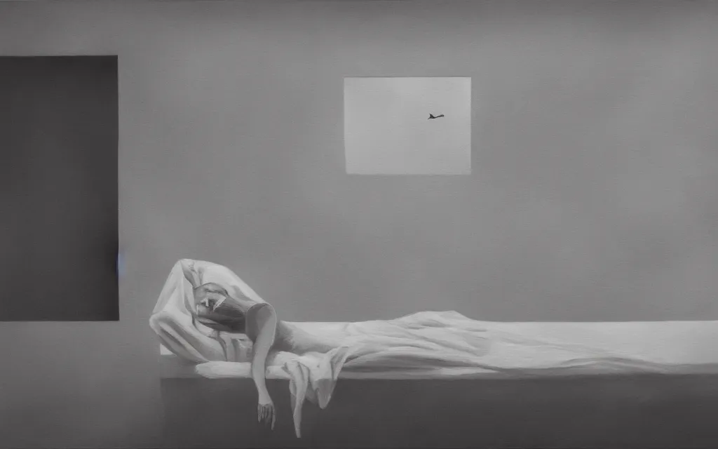 Image similar to a painting of dreaming in beds of the void empty desires rooms, light from the window casting her shadow dreams, style of emilio villalba