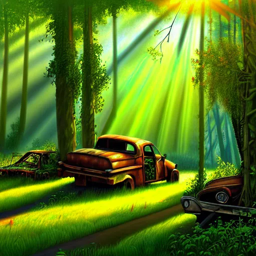 Prompt: A painting of a junk yard in the forest overgrown, with ivy, sun rays through the trees, detailed, realistic digital art,