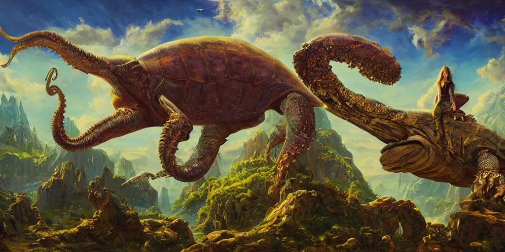 Image similar to fantasy oil painting, great leviathan, cybernetic turtle cephalopod terrapin reptilian pachyderm squid, bella hadid, hybrid, milla jovovich, anubis, epic natural light, lush plants flowers, spectacular mountains, bright clouds, luminous sky, outer worlds, golden hour, michael cheval, edward hopper, michael whelan, vray, hd