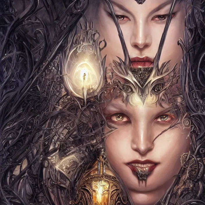 Prompt: a highly detailed symmetrical painting of a sorceress with piercing beautiful eyes, dark tomb setting, dynamic lighting, ambient lighting, deviantart, art by artgerm and karol bak and mark brooks