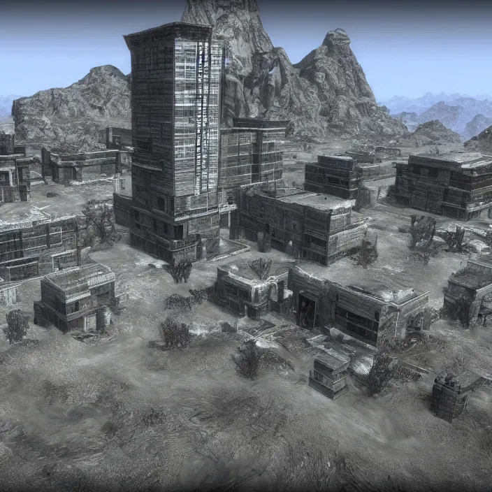 Prompt: a building in a serene landscape, fallout new vegas