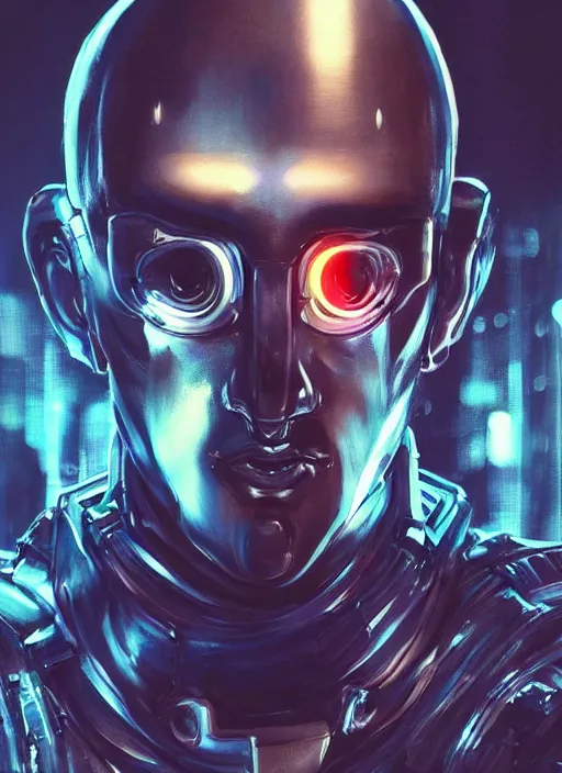 Image similar to bladerunner, cyberpunk, full head, angled facial portrait of a bone ceramic caliente mech humanoid robot Spanish ninja with an attractive bald head and handsome features, large glowing eyes, macho, piroca, dotado, guapo, reflective surface, overwatch, trending on cgsociety, trending on artstation