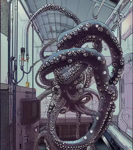 Image similar to a cybernetic realistic octopus in a space station, techwear, Industrial Scifi, detailed illustration, character portrait, by Martin Grip Banksy and Moebius