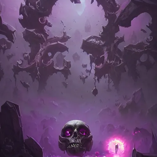 Image similar to floating skulls, violet theme, epic fantasy digital art style, fantasy artwork, by Greg Rutkowski, fantasy hearthstone card art style