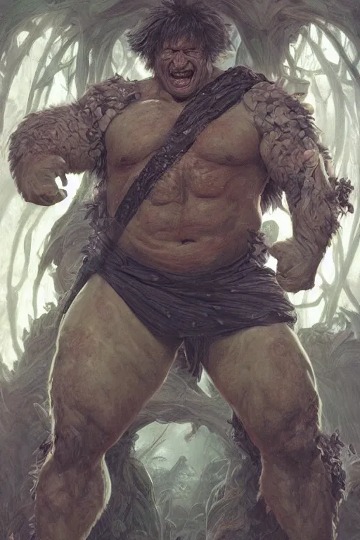 Image similar to portrait of boris johnson as a hulking herculean demon, forest, godlike, full body, fantasy, intricate, elegant, highly detailed, digital painting, artstation, concept art, sharp focus, illustration, art by artgerm and greg rutkowski and alphonse mucha