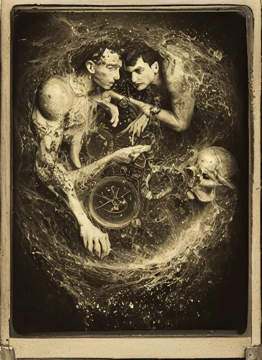 Image similar to old wetplate daguerreotype portrait of creation of time, explosion of data fragments, fractal, intricate, elegant, highly detailed, parallax, leica, medium format, subsurface scattering, by jheronimus bosch and greg rutkowski and louis jacques mande daguerre