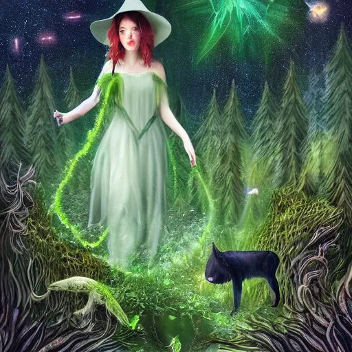 Prompt: A beautiful witch in a green forest, surrounded by different animals, drinking water from a stream, against the background of a shooting star, and a bright supernova, photo realism, 768