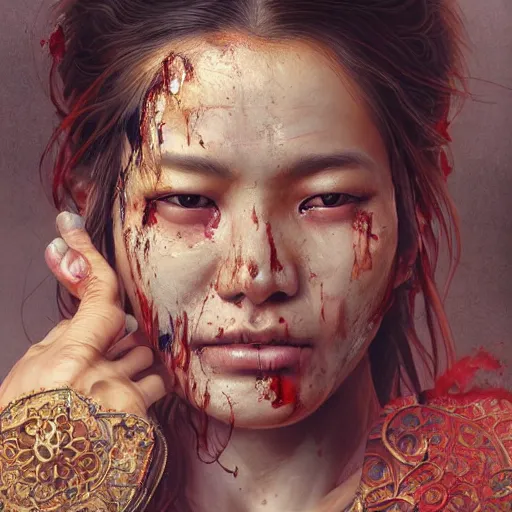 Image similar to portrait painting of a bloodied nepali female butcher, ultra realistic, concept art, intricate details, eerie, highly detailed, photorealistic, octane render, 8 k, unreal engine. art by artgerm and greg rutkowski and alphonse mucha