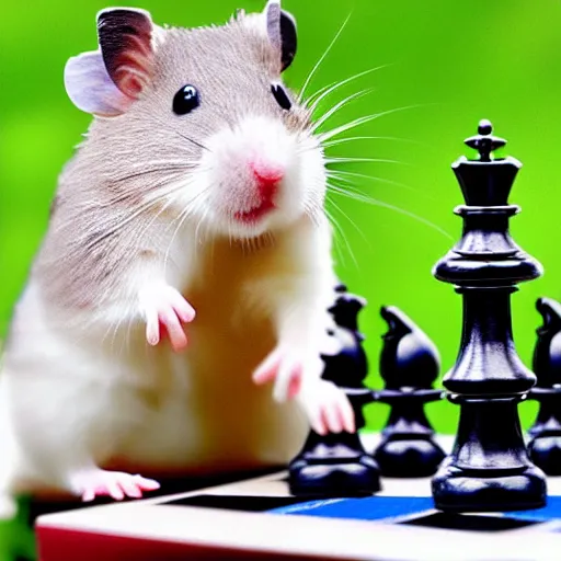 Prompt: a happy hamster playing chess