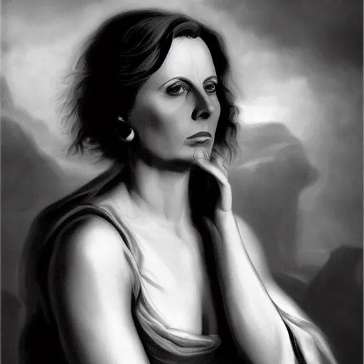 Prompt: Portrait of Greta Garbo by Ferdinand Keller and Arnold Böcklin and Jean-Auguste-Dominique Ingres and Michael Whelan and Albert Bierstadt, black and white, moody atmosphere, cinematic atmospheric, artstation, high definition