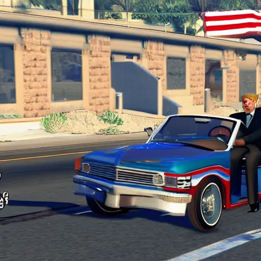 Prompt: the dalli lama and Donald Trump cruising in a convertible low rider in GTA 5 4k ultra high quality