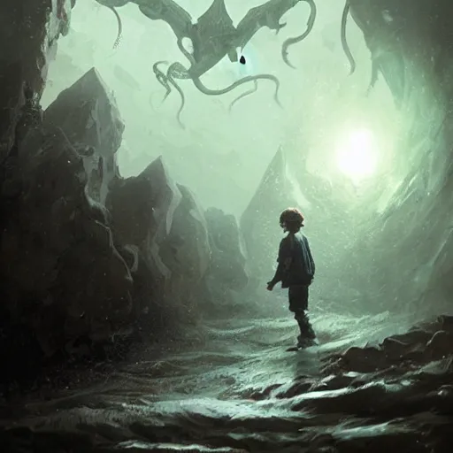 Image similar to a boy confronting cthulhu, by greg rutkowski