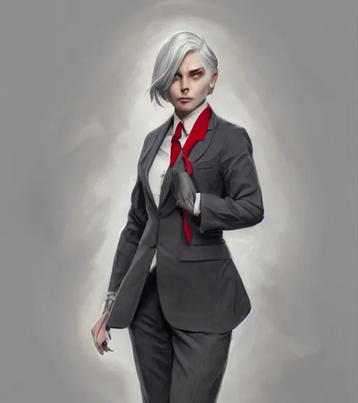 Image similar to a girl wearing a business suit, grey hair, red necktie, cinematic, stunning, highly detailed, digital painting, artstation, smooth, hard focus, full body shot, illustration, art by artgerm and greg rutkowski and alphonse mucha