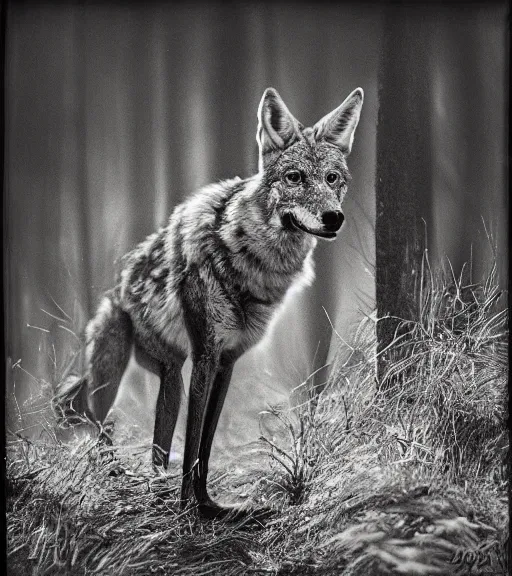Prompt: Award winning Editorial photo of a wild coyote with Iroquois by Edward Sherriff Curtis and Lee Jeffries, 85mm ND 5, perfect lighting, gelatin silver process