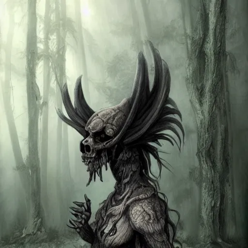 Image similar to ancient magus, fae, ram skull headed creature with black fur, elegant, tendrils, forest, heavy fog, fantasy, hyper realistic