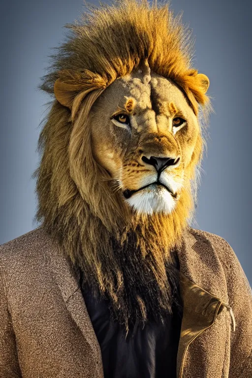 Image similar to Man with a head of a lion in jacket, XF IQ4, 150MP, 50mm, f/1.4, ISO 200, 1/160s, natural light, Adobe Photoshop, Adobe Lightroom, DxO Photolab, polarizing filter, Sense of Depth, AI enhanced, HDR