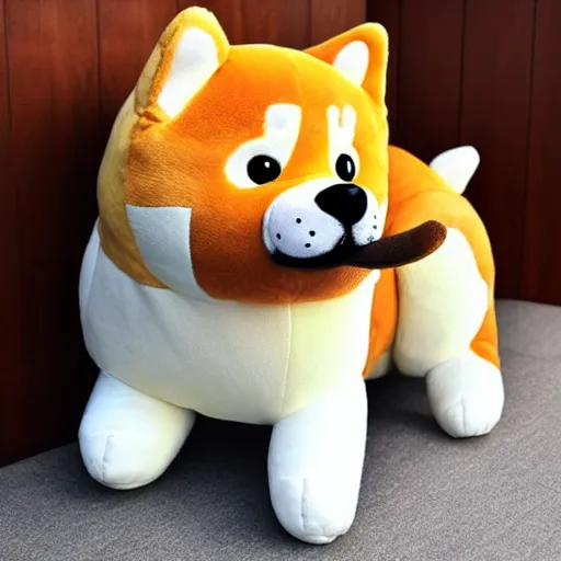 Image similar to a giant plushy shiba inu with a mustache, photo realistic, highly detailed,