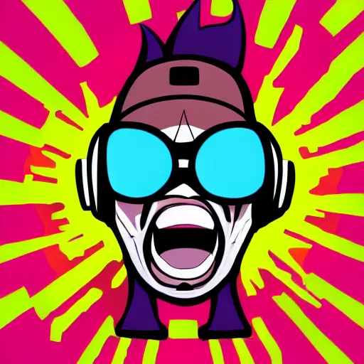 Image similar to svg vector sticker of absolutely insane-mad-scientist-villain, rocking out, wearing headphones, huge speakers, dancing, rave, DJ, spinning records, digital art, amazing composition, rule-of-thirds, award-winning, trending on artstation, featured on deviantart