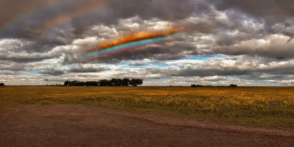 Image similar to empty clown land for miles in every direction there is a long caravan of clowns and clown cars from the 1 8 0 0 s on the horizon puffy clouds in the sky at sunset, rainbow hour, rule of thirds, art, red and yellow