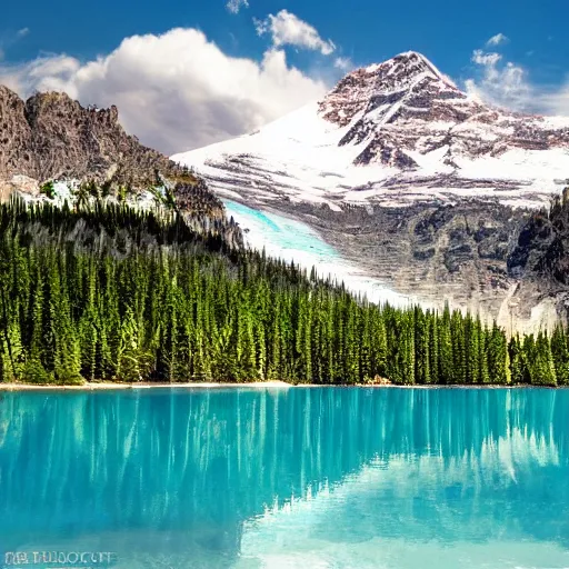 Prompt: a turquoise placid lake in the forground with a towering mountain in the background, artstation, highly detailed,