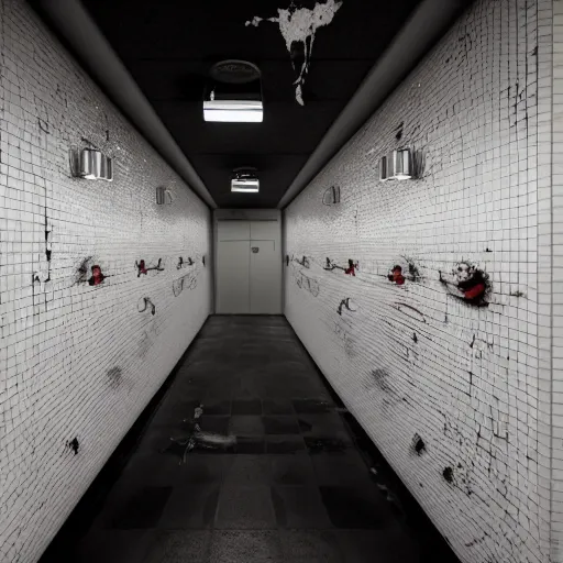 Prompt: public men's restroom with infinite rows of urinals, dark low lighting, scary, creepy, blood splattered, dream like, foggy, 8 k, 1 5 0 mp,