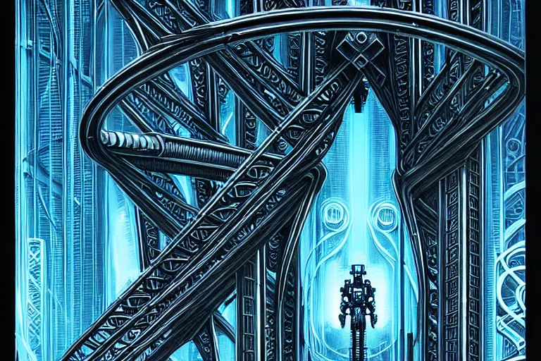 Image similar to a double helix dna cyberpunk steampunk carved archway, art deco high details, lineart, by vincent di fate and joe fenton, inking, screen print, masterpiece, trending on artstation, sharp, high contrast, hyper - detailed, ultrawide, hd, 4 k, 8 k