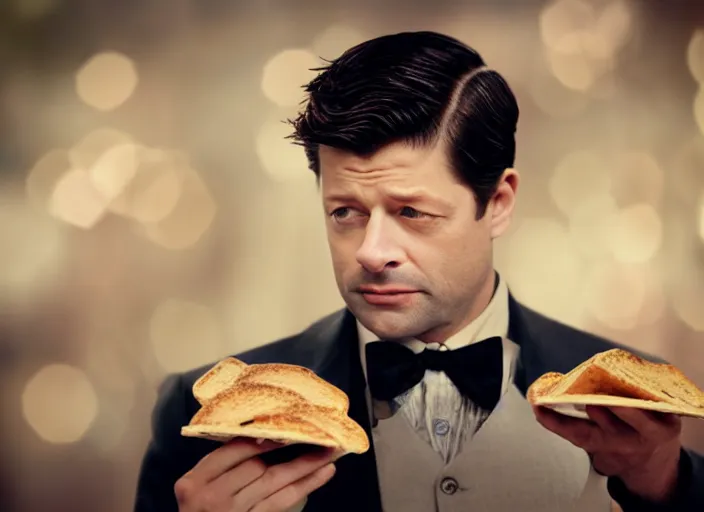 Prompt: cinematic 1 9 2 0 s portrait of misha collins eating saltines, bokeh,