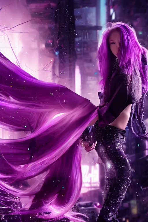Prompt: young teen with purple tentacled hair from behind with violet flames dancing on her hands with a long jacket in a cyberpunk city, realistic, high definition, 4K, shimmering color, digital art
