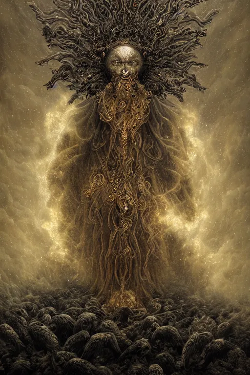 Image similar to Intricate stunning highly detailed deity by agostino arrivabene, surreal, digital painting, ultra realistic, Horror vacui, dramatic lighting, full moon, ravens, thick black swirling smoke tornado, burning fire embers, artstation