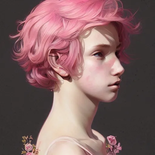 Prompt: young boy, pink hair, gorgeous, amazing, feminine, elegant, intricate, highly detailed, digital painting, artstation, modern clothes, concept art, sharp focus, illustration, art by artgerm and greg rutkowski and alphonse mucha