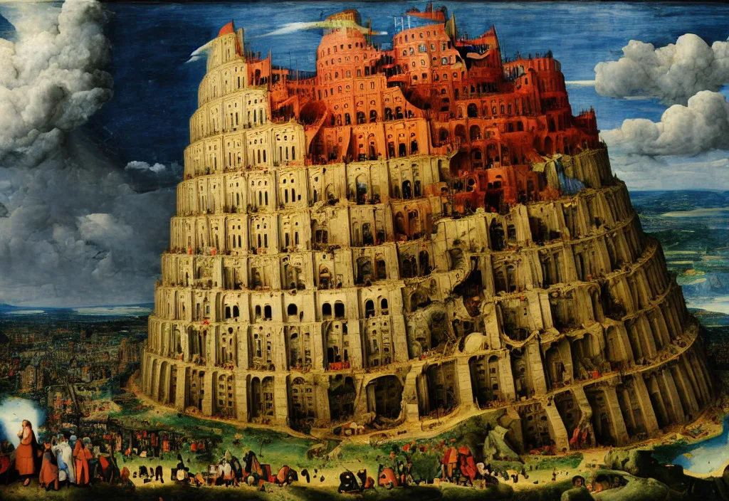 Image similar to the tower of babel after it collapses, by pieter breugel the elder