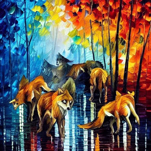 Prompt: “wolves hunting people, style of Leonid afremov”