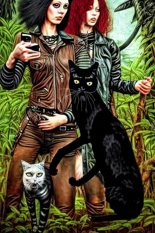 Prompt: punk rock girls making selfie with black cats in jungle , 1980 style, mad max jacket, post apocalyptic, Cyberpunk, renaissance, Gothic, mystic, highly detailed, digital painting, 4k, oil painting by Leonardo Da Vinci, hyper realistic style, fantasy by Olga Fedorova