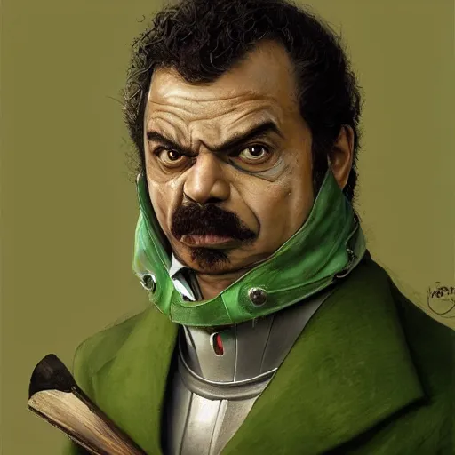 Prompt: hyper realistic, realistic - anime, portrait, beautifully rendered, italian garb the future, dune, caricature, luis guzman as luigi wearing green, smirking deviously, luigi, luigi's nose, painted by gustave courbet, greg rutkowski, wlop, artgerm, dishonored 2,