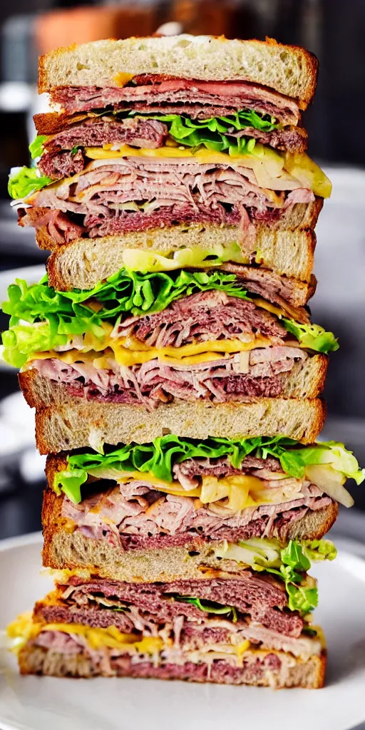 Prompt: a photograph of a rueben tower sandwich filled with so much cornbeef roasted meat that the sandwich is 5 - 1 0 x times taller than other sandwiches, it looks mouth watering with melting cheeses and grilled onions, 1 0 0 0 island dressing and pumpernickle bread cooked to perfection, food photography