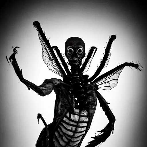 Image similar to artistic photoshoot of a mothan hybrid, grotesque, body horror, mutant shaming, creepy, terrifying, 8 k hdr 8 0 mm wide angle portrait, high contrast black and white, insectoid n