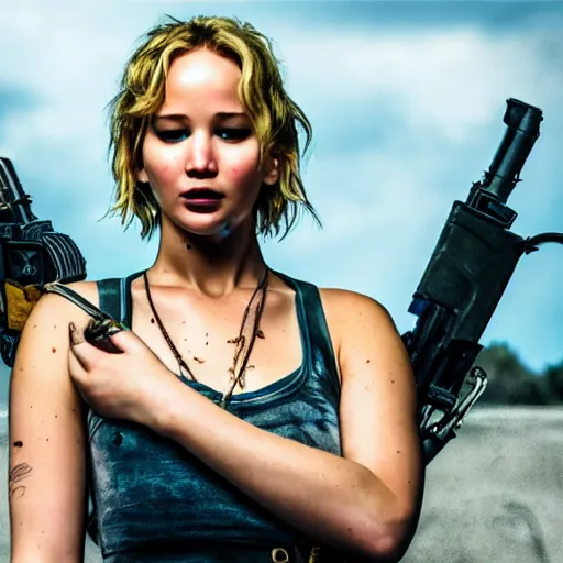 Image similar to Jennifer Lawrence in Tank Girl Remake, (EOS 5DS R, ISO100, f/8, 1/125, 84mm, postprocessed, crisp face, facial features)