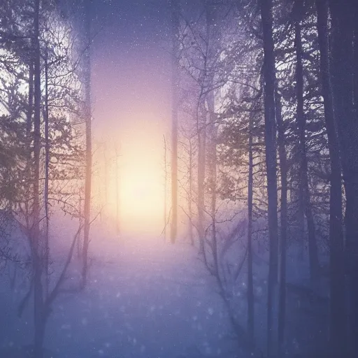 Image similar to sunrise nordic forest, sparkling spirits, detailed wide shot, crayon, ground detailed, wet eyes reflecting into eyes reflecting into infinity, beautiful lighting