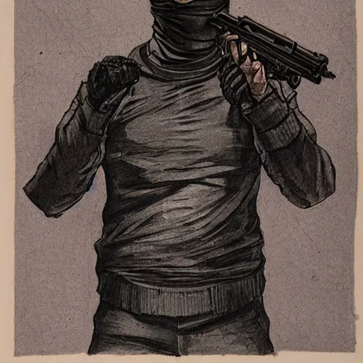 Image similar to criminal wearing a balaclava holding an automatic weapon, horror theme, detailed, elegant, intricate, conceptual, volumetric light