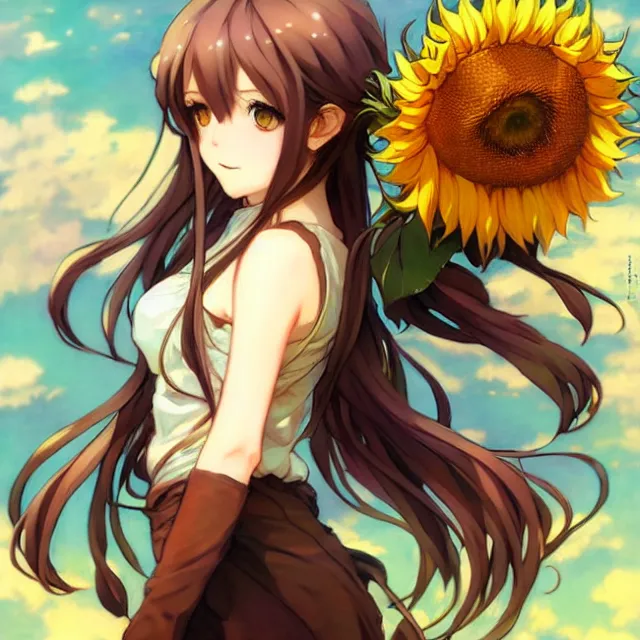 Prompt: beautiful sunflower anime girl, krenz cushart, mucha, ghibli