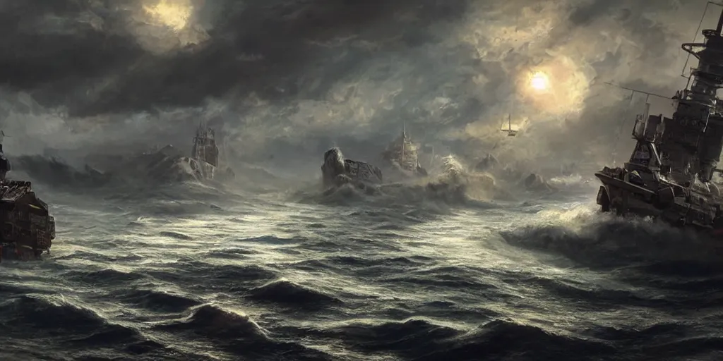 Image similar to scifi barge in turbulent waters in rocky coast, hyper realistic, highly detailed, digital art, apocalyptic, intimidating lighting, raytracing, sharp focus, smooth, romanticism