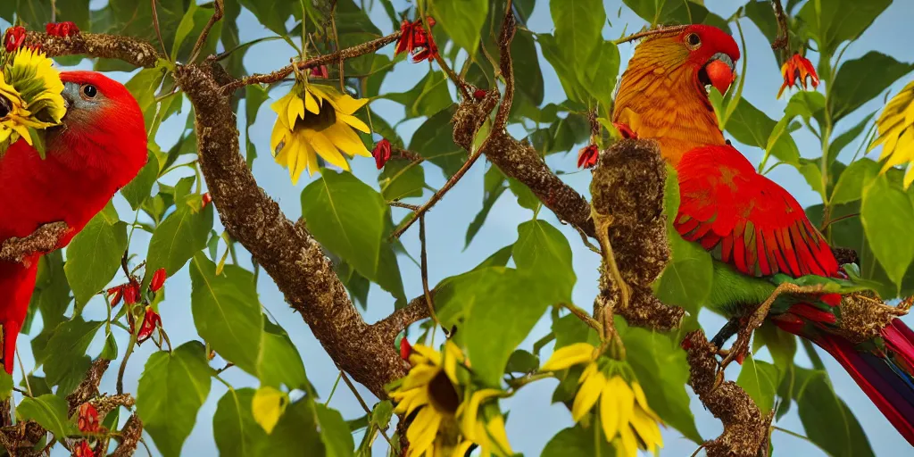 Prompt: an angry red winged parrot sitting in a tree, surrounded by sunflower seeds, high detail, national geographic photorealistic