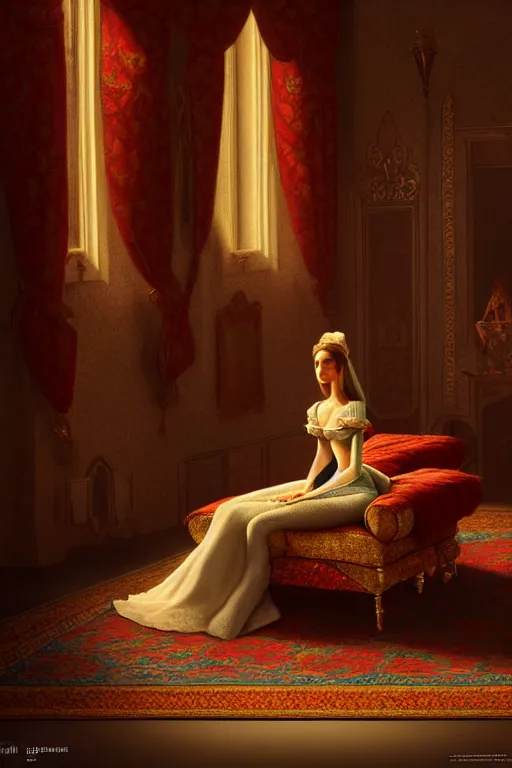 Image similar to insanely detailed painting of a beautiful lady in a castle on an ottoman, in the style of peter morbacher, dramatic lighting and composition, octane rendering, pixar, trends on artstation, concept art