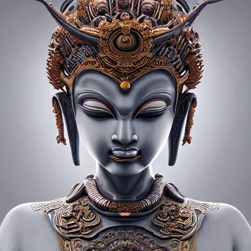 Image similar to naraka buddhist demon korean female, highly detailed, symmetrical long head, smooth marble surfaces, detailed ink illustration, raiden metal gear, cinematic smooth stone, deep aesthetic, concept art, post process, 4 k, carved marble texture and silk cloth, latex skin, highly ornate intricate details, in the style of 8 8 grzes