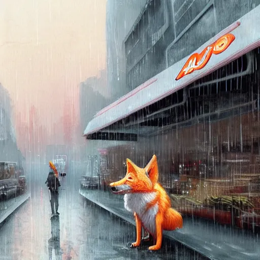 Prompt: white - furred anthropomorphic female vulpes vulpes fulva, eating noodles, in the rain by a noodle kiosk, in crowded and wet street of a city, cyberpunk, harsh neon lights, highly detailed, digital painting, trending on artstation, concept art, sharp focus, illustration, art by artgerm and greg rutkowski and magali villeneuve