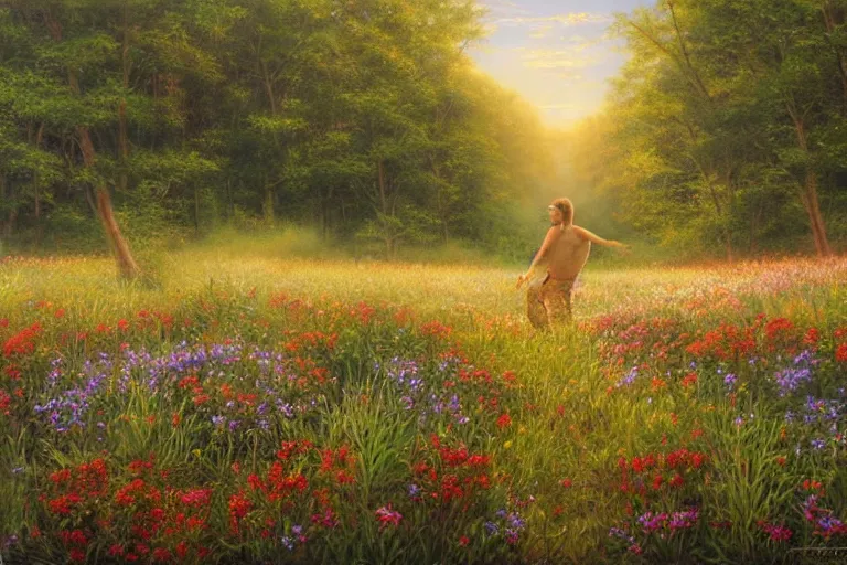Image similar to a creature called XJVAIJOVIAJ standing in a calming meadow, created by Mark Keathley