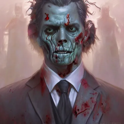 Image similar to a zombie in a business suit, artists portrait, fantasy, highly detailed, digital painting, concept art, sharp focus, depth of field blur, illustration, art by artgerm and greg rutkowski and alphonse mucha